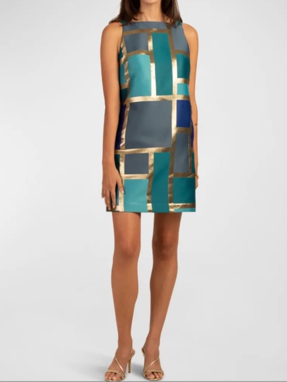Trina Turk Creosote Blue and Gold Geometric Sheath Dress